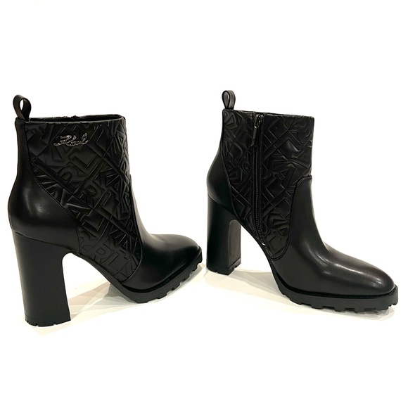 Karl Lagerfeld Black Patria Logo Embossed Lug Heel Bootie Ankle Boots 10 NEW - Picture 6 of 13
